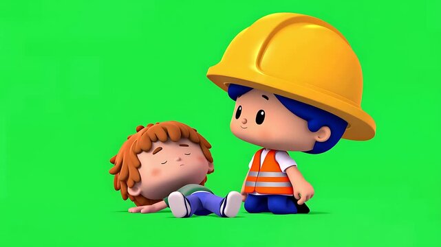 Construction Worker Helping Injured Child Cartoon