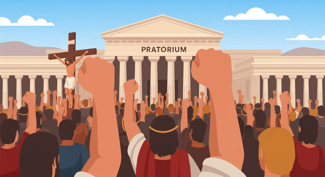 Vector illustration of an angry crowd with raised fists gathered before the Roman Pratorium building, depicting a biblical scene with a figure on a cross in ancient Jerusalem.