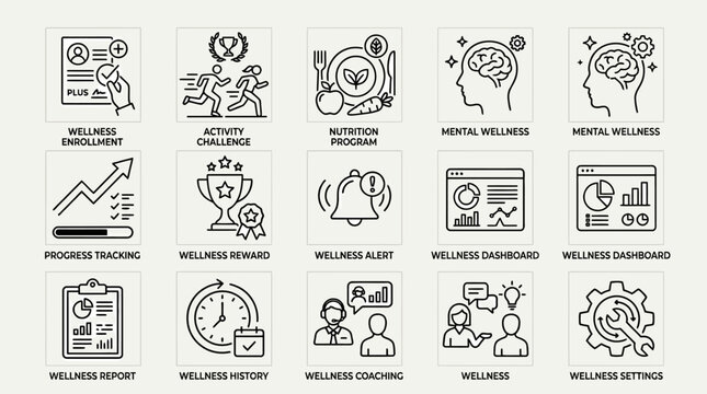Set of corporate wellness and health program icons.