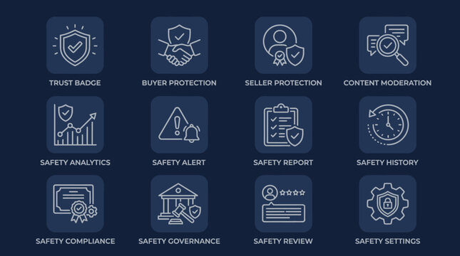 Set of cyber security and online safety line icons.