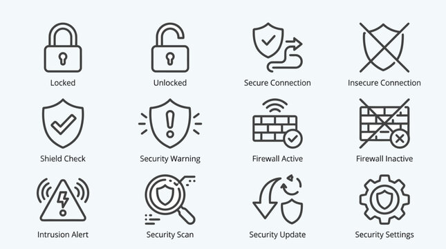 Set of cyber security and data protection thin line icons.