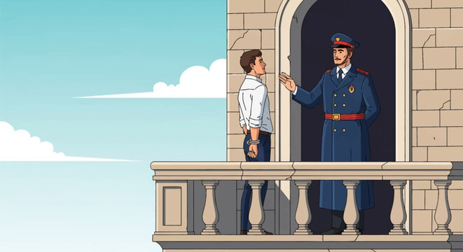 Flat vector illustration of a handcuffed man in a white shirt and blue trousers standing on a stone balcony before a uniformed police officer in a blue coat and peaked cap.