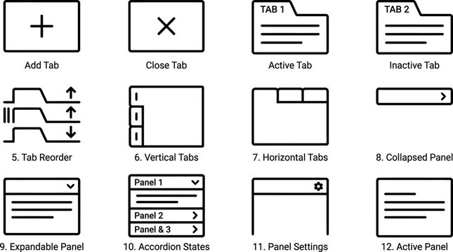 Set of Hand Drawn User Interface Design Elements for Tabs and Panels.