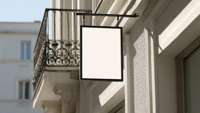 Blank white rectangular sign hanging from black metal bracket on classic building facade with ornate iron balcony, ideal for