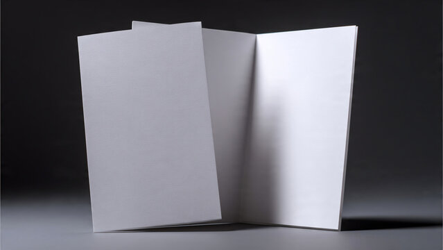 Blank white tri-fold brochure with subtle paper texture, standing upright on dark studio surface with soft directional lighting, concept for branding