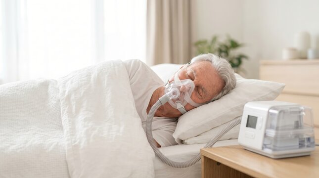 Elderly man sleeping with CPAP mask in home healthcare setting