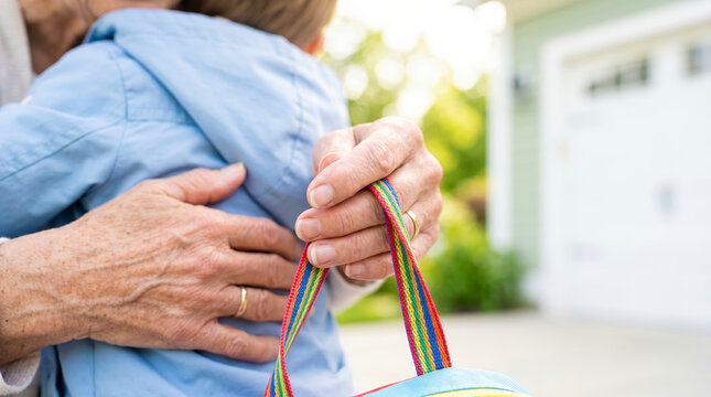 Grandmother hands hugging child with backpack in suburban driveway