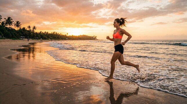 Athletic woman jogging on a tropical beach at sunset.