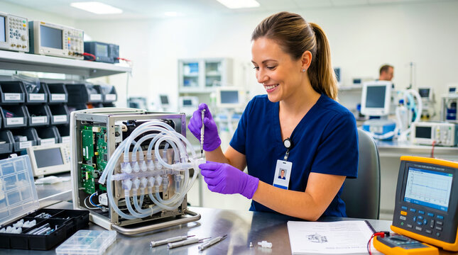 Biomedical technician repairing medical device in laboratory setting