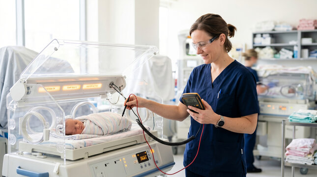 Clinical engineer testing neonatal incubator temperature in hospital