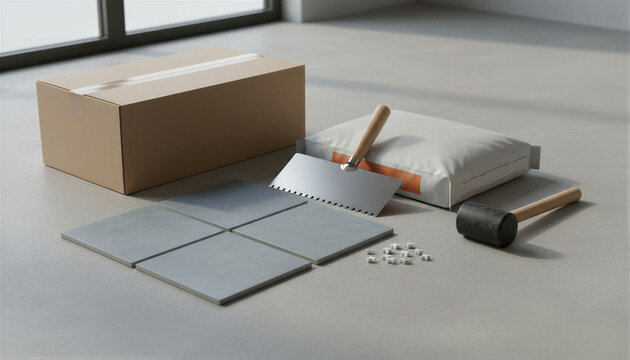 Ceramic tile and construction tools for flooring installation. Professional equipment with trowel, rubber mallet, mortar cement, and spacers for home renovation or interior repair.