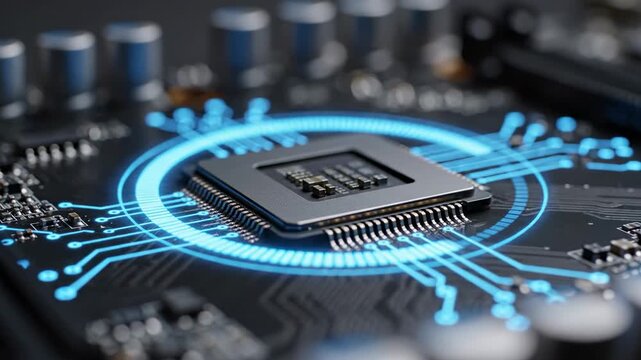 Advanced Central Processing Unit prominently displays intricate circuitry emitting a vibrant electric blue glow, representing the powerful core of futuristic digital infrastructure
