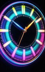 Fototapeta premium Vibrant neon clock with glowing blue and pink hues futuristic design.