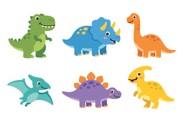 Cute Dinosaur Character Set, Kawaii TRex, Triceratops, Stegosaurus, and Pterodactyl, Flat Vector Illustration for Kids Nursery © bytaristudio