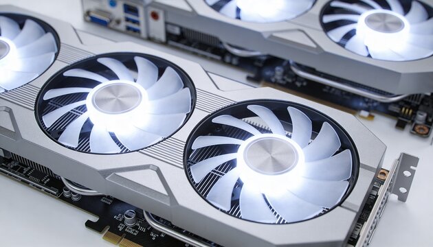 Close-up of two modern computing components featuring bright white illuminated cooling fans, emphasizing advanced technology.