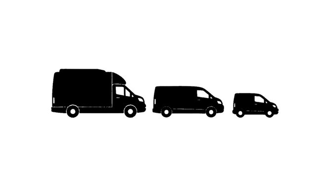 Minimal black silhouette icon, simple flat vector, bold black shape, no, no shading silhouettes of three different sizes of delivery vans on a, flat icon style