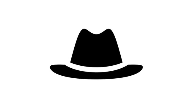 Minimal black silhouette icon, simple flat vector, bold black shape, no, no shading black fedora hat icon on a, flat icon style