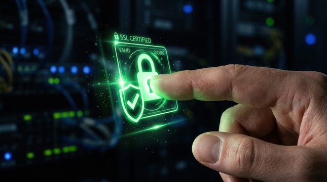 A hand presses on a holographic cybersecurity shield showing SSL certification in a secure data center environment with servers in the background.