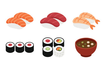 Japanese Sushi and Miso Soup Food Set Illustration for Restaurant Menu and Asian Cuisine Design © bytaristudio
