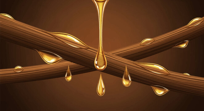 Macro 3D rendering of brown hair strands with golden oil droplets dripping and coating the fibers, illustrating hair care treatment, serum nourishment, and follicle repair process.