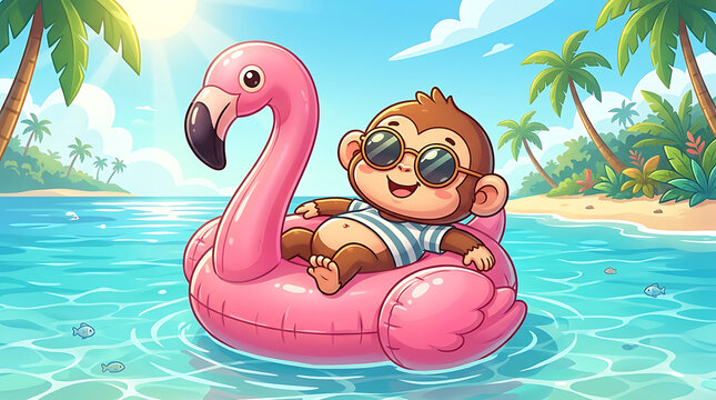 Cute cartoon monkey chilling on a flamingo pool float enjoying a tropical vacation with palm trees and clear blue water