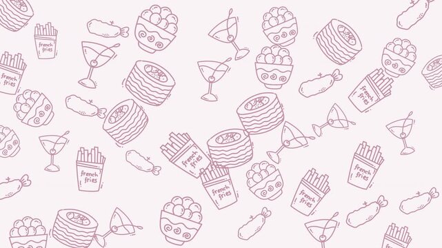 Pink background with doodlestyle food illustrations can be used for menus, food blogs, social media posts, and recipe cards.