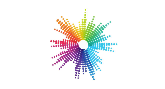 Abstract radial burst of colorful dots and halftone circles forming a rainbow spectrum on a white background, featuring a vibrant multi-colored concentric starburst design.
