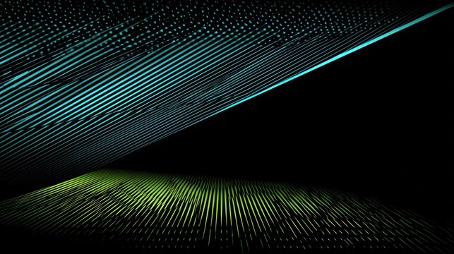Abstract digital composition featuring intersecting planes of illuminated, dense parallel lines against a dark void