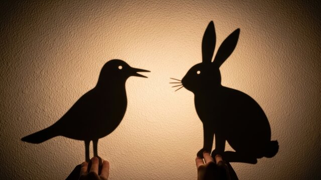 Two hands creating shadow puppets of a bird and a rabbit.