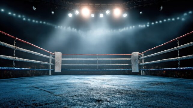 Empty squared competition arena illuminated by bright overhead spotlights creates dramatic atmosphere