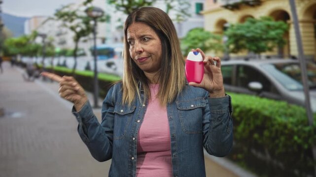 Woman holding a pink toothpaste bottle holds it up while pointing finger to the side on a city street with parked cars and hedges; doubt persuasion.
