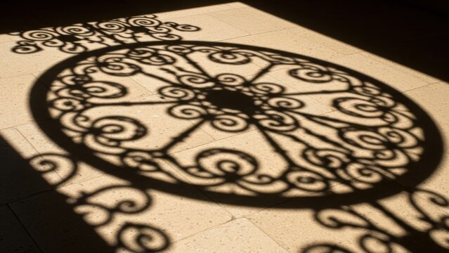 Detailed shadow pattern from an ornate ironwork design on a floor.