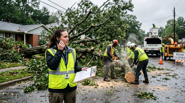 Supervisor coordinating tree removal crew in suburban residential neighborhood