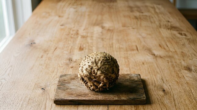Single whole celeriac root with rough skin resting on a plain wooden board in the bottom center of a light oak table, vast empty upper table area acting as negative space.