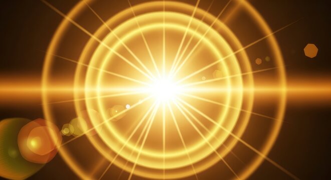 Abstract golden lens flare with bright starburst and glowing concentric circles on a dark background