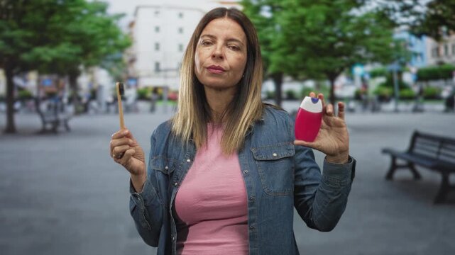 Middleaged woman holding bamboo toothbrush in one hand and pink toothpaste dispenser on a street plaza; oral health confidence.