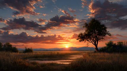 Fototapeta premium Quiet sunset scene with wide empty space 