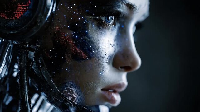 Close-up portrait of a young woman with futuristic cybernetic implants and cosmic glitter makeup representing technology and future beauty