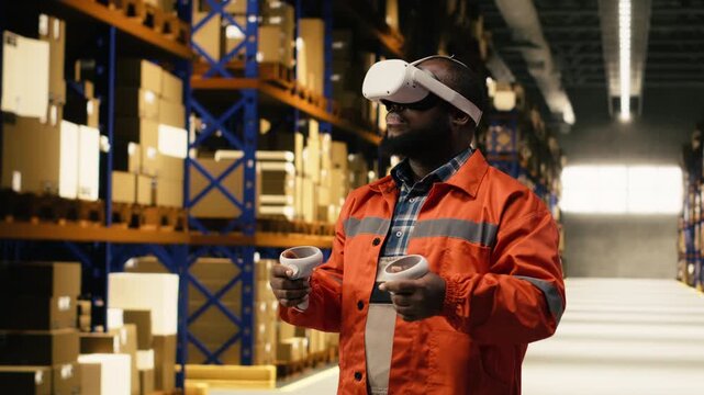VR glasses demonstration, in warehouse facility, with black personnel working on safe cargo movement. Metaverse training helps worker understand cardboard boxes handling for distribution.