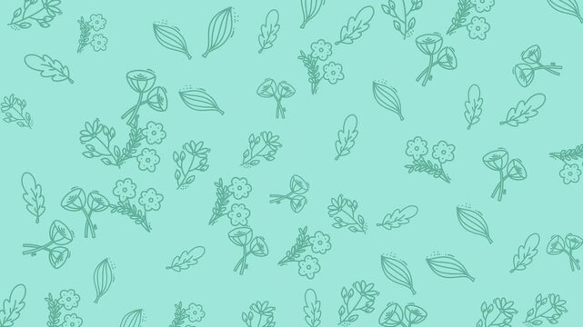 Displays a pattern of handdrawn flowers and leaves on a blue background.