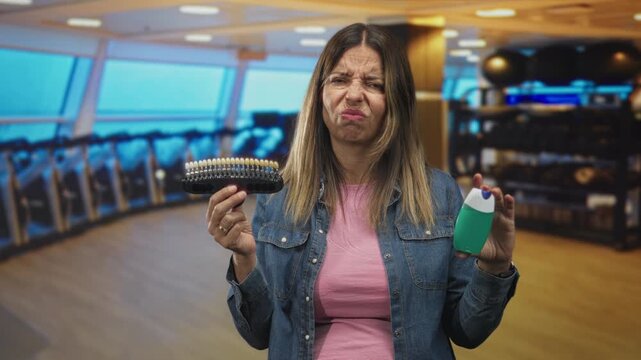 Woman holds tooth shade guide and green toothpaste tube in gym studio while comparing shades and frowning; skepticism.