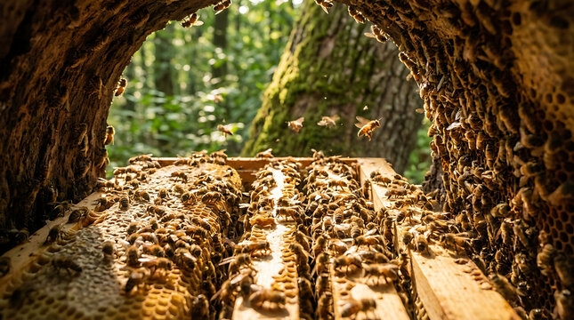 Busy bees working diligently within a wooden beehive in a sunlit forest setting, showcasing nature's intricate production.
