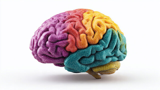 3D human brain with rainbow lobes and wireframe pattern on white background, suitable for neuroscience education, medical presentations and mental