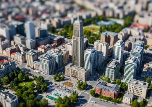 A stunning aerial view of a vibrant miniature city featuring toy-like skyscrapers and tiny vehicles captured with a tilt-shift lens effect, downtown, street, toy