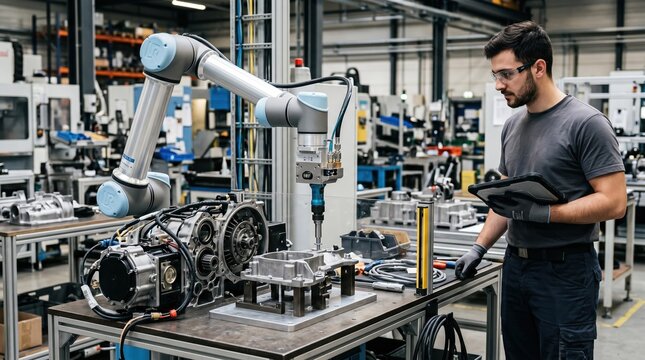 Dynamic medium shot featuring a collaborative robot equipped with a versatile tool changer performing precise fastening tasks on machine components with a nearby technician
