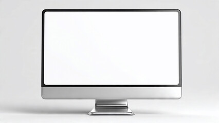 Fototapeta premium Modern flat screen computer monitor with blank white display and silver metallic frame, ideal for website mockup, digital presentation and software