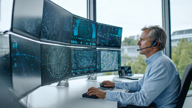 Middle-aged man with headset at multi-monitor workstation displaying complex tech data interfaces, modern office, concept