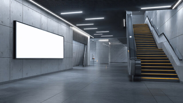 Modern subway station interior with blank illuminated billboard, escalator, linear ceiling lighting and concrete walls