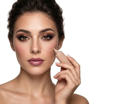 A beautiful woman applying foundation with a makeup sponge, showcasing flawless skin and a glamorous look.