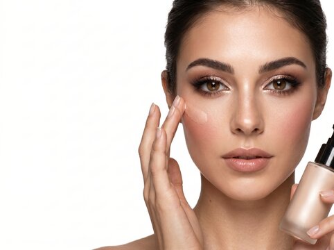 A beautiful woman applying makeup with a foundation bottle, showcasing a natural and elegant look.